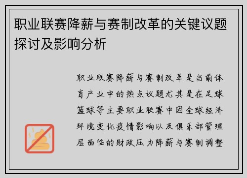 职业联赛降薪与赛制改革的关键议题探讨及影响分析