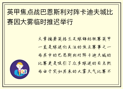 英甲焦点战巴恩斯利对阵卡迪夫城比赛因大雾临时推迟举行